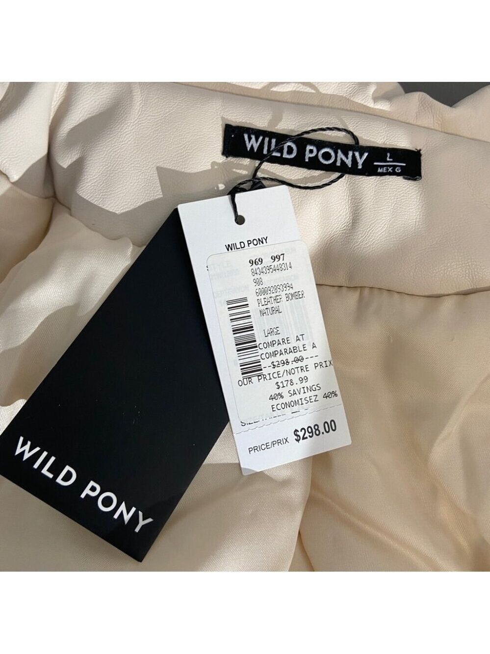 NWT Wild Pony cream vegan leather bomber jacket size L - Picture 4 of 6